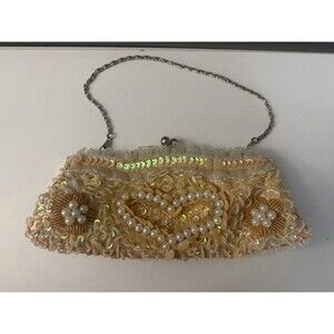 Unbranded Cream Peach Beaded Sequin Kiss Lock Convertible Clutch Handbag Purse